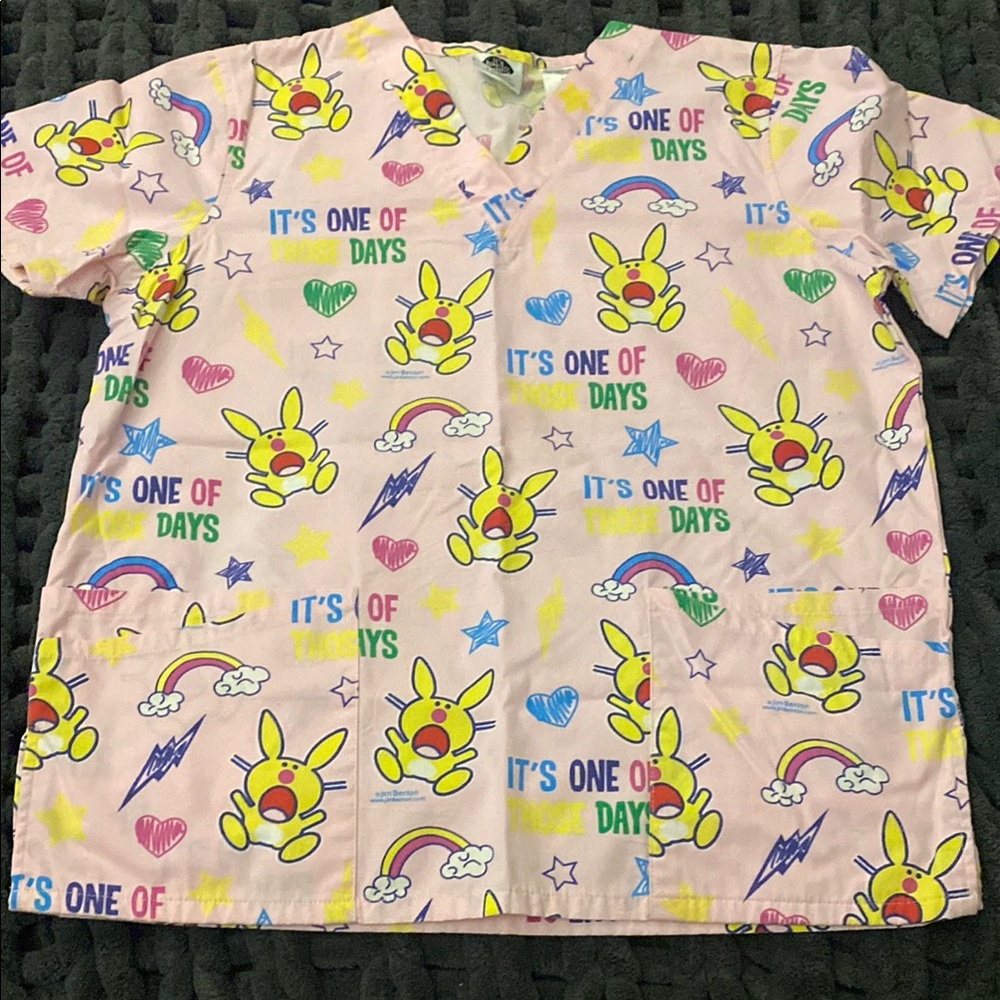 Whimsical Pink and Yellow Bunny Scrub Top